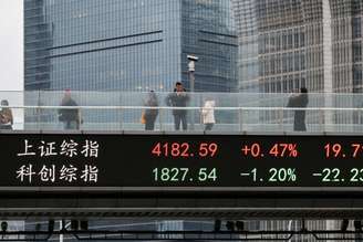Foto de arquivo: Um painel eletrônico exibe os índices da bolsa de valores de Xangai enquanto pessoas caminham por uma passarela no distrito financeiro de Lujiazui, em Xangai, China, em 2 de março de 2026. REUTERS/Go Nakamura/File Photo