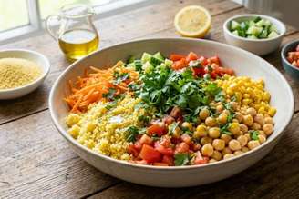 salada de cuscuz com legumes e grãos.