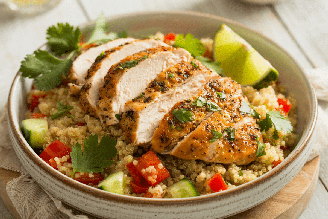 Frango grelhado com quinoa e vegetais