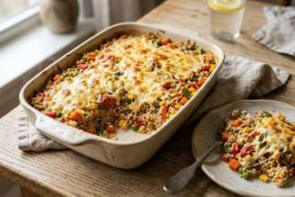 Arroz integral de forno com legumes e queijo.