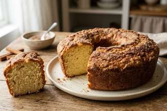 Bolo simples de iogurte com casquinha de canela.