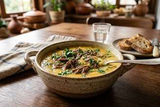 Sopa cremosa de mandioquinha com carne.