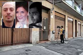 Colapietro, Formichetti e Morando, respectivamente; ao fundo, o apartamento onde ocorreu o crime
