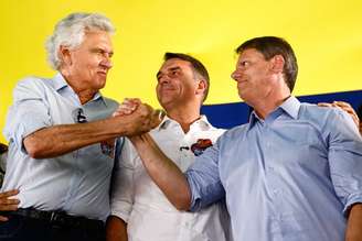 Ronaldo Caiado (PSD) em evento no qual formalizou o apoio a Flávio Bolsonaro (PL), em Goiânia (GO).