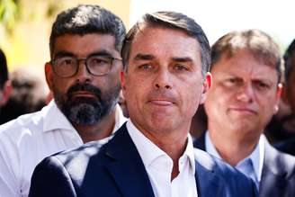 Flávio Bolsonaro (PL), candidato à presidência, em entrevista coletiva