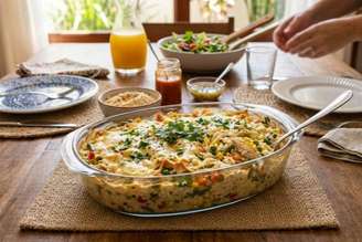 arroz cremoso com frango e milho.