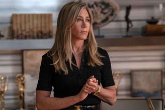 Jennifer Aniston durante filmagens da série The Morning Show, da AppleTV+
