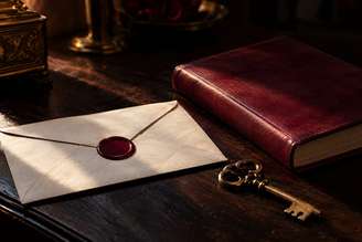 Envelope lacrado com cera vinho, chave antiga e livro sobre mesa escura, representando os signos mais misteriosos do Zodíaco