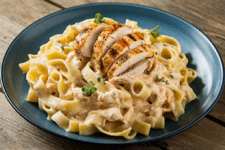 Macarrão ao molho branco com filé de frango grelhado