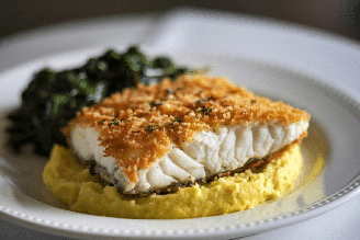 Peixe empanado com purê de batata-doce