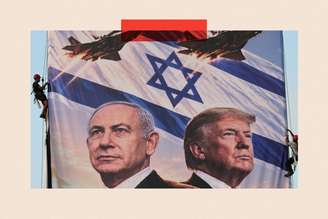 O primeiro-ministro israelense, Benjamin Netanyahu, destaca sua aliança com o presidente dos Estados Unidos, Donald Trump, em um outdoor de campanha de seu partido em Tel Aviv