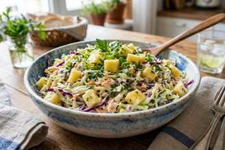 Salada cremosa de repolho com abacaxi.