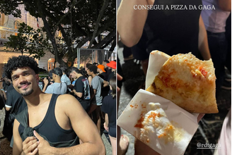 Pabllo Thomaz, de 26 anos, recebe pedaço de pizza distribuído por Lady Gaga na porta do Copacabana Palace, no Rio de Janeiro