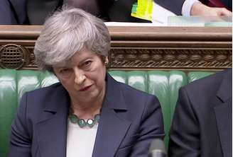 Primeira-ministra britânica, Theresa May, durante sessão do Parlamento em Londres
13/03/2019 Reuters TV via REUTERS 