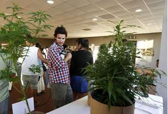 Pessoas passando pela primeira convenção "Expo Cannabis" sobre uso medicinal e cultivo da maconha, que aconteceu em Montevidéu