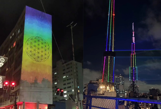 Projeções em homenagem à comunidade LGBTQIA+ na esquina da Paulista com a Consolaçã