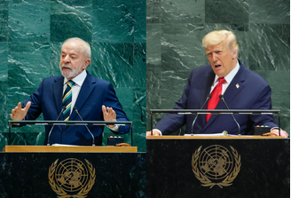 Montagem com fotos de Lula e Donald Trump na Assembleia Geral da ONU