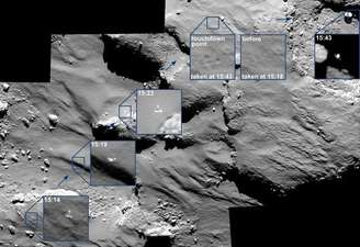 <p>Imagem mostra os pontos em que a Philae quicou na superfície do cometa, em um processo que levou 2 horas</p>