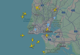 Imagem de radar mostra controle de tráfego aéreo próximo ao aeroporto de Lisboa
