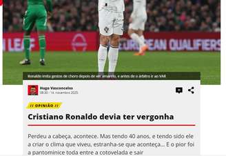 Jornalista critica CR7 por expulsão –