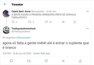 Mensagens com ameaças de morte contra vereadora eleita do PT em Joinville, primeira negra da história da Câmara municipal da cidade