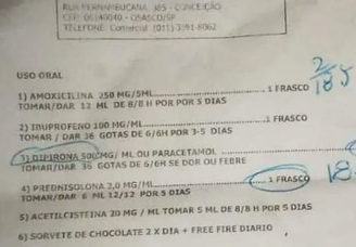 Médico receita sorvete e 'Free Fire' junto com lista de remédios a criança em SP
