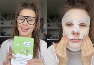 Carolina Dieckmann testa máscara de 'essência de lesma'