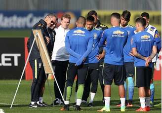 
                        
                        
                    Rogério Micale utilizou quadro para dar orientações antes de treino (Foto: Lucas Figueiredo/MowaPress)