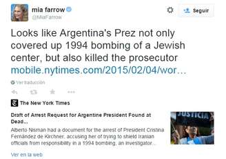 <p>Por meio do Twitter, Mia Farrow acusou a presidente da Argentina de assassinato.</p>