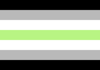 Bandeira do orgulho agênero, criada por Salem Fontana, em 2014. O preto e o branco representam a ausência de gênero; o cinza representa a ausência parcial de gênero; o verde simboliza os gêneros não-binários.