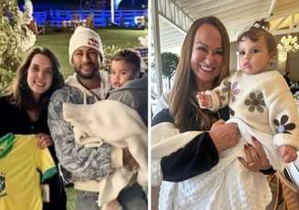 Neymar posa com Mavie e uma convidada | Nadine posa com Helena 
