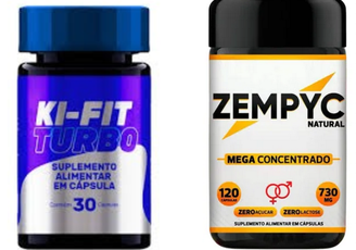 Montagem com os rótulos dos produtos Ki-Fit e Zempyc