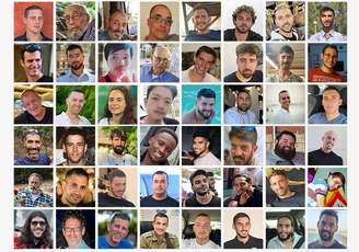 Uma coleção de fotografias mostrando as 48 pessoas que ainda estão sendo mantidas reféns pelo Hamas