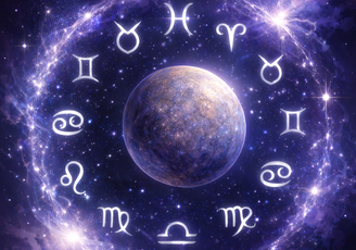 Planeta Mercúrio com os símbolos dos 12 signos do zodíaco ao redor, representando o Mercúrio Retrógrado em Peixes 2026