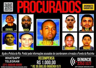 Cartaz do Disque-Denúncia do rio de Janeiro com procurados pela invasão da Rocinha