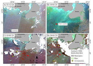 Imagens de satélite analisadas pelo Inpe mostram a progressão da 'maré vermelha' próximo a São Sebastião e Ilhabela, no litoral norte de São Paulo.