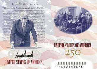 Edição comemorativa do passaporte americano com o rosto do presidente Donald Trump. Tiragem especial é em comemoração aos 250 anos da independência dos EUA.