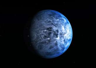 Impressão artística do planeta azul HD 189733b mostra cores que lembram a Terra