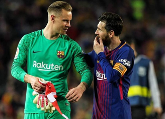 Ter Stegen e Lionel Messi no Barcelona