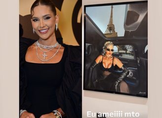 A influenciadora está hospedada na mansão de Vini Jr., em Madri, e exibiu um quadro, com uma imagem dela mesma, estampado na parede