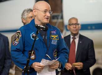 O astronauta em seu discurso em Ellington, Houston