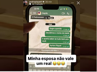 Pedro Piquet compartilhou brincadeira de sua esposa, mas apagou o post em seguida