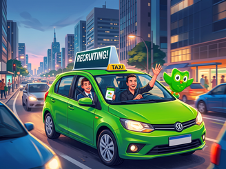 Imagem produzida por IA de taxista levando passageiro em táxi da Duolingo