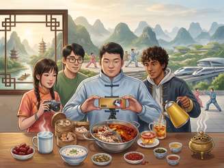 imagem produzida por IA - jovens de diferentes nacionalidades tirando foto de comidas chinesas