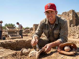 iagem produzida por IA do jogador Brad Lidge em um sitio arqueologico