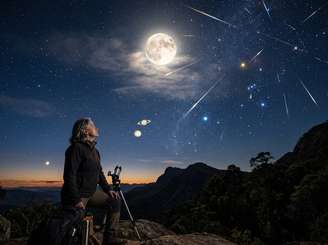 Imagem mostra mulher com um telescópio observando fenômenos astrológicos