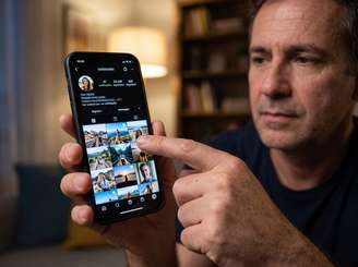 Homem de cerca de 40 anos segurando um smartphone em destaque, navegando por uma grade de fotos do Instagram com o rosto concentrado ao fundo.