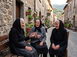 Imagem produzida por IA de mulheres centenárias de Bolotana, na Itália
