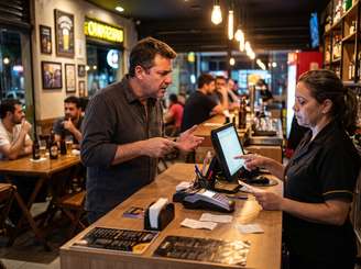 Imagem mostra homem tentando pagar conta em bar.