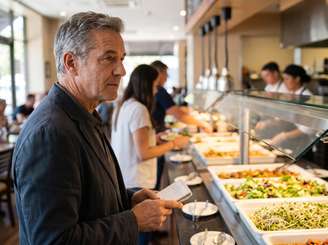Imagem mostra um inspetor com um bloco de notas na mão em frente ao bufê de um restaurante